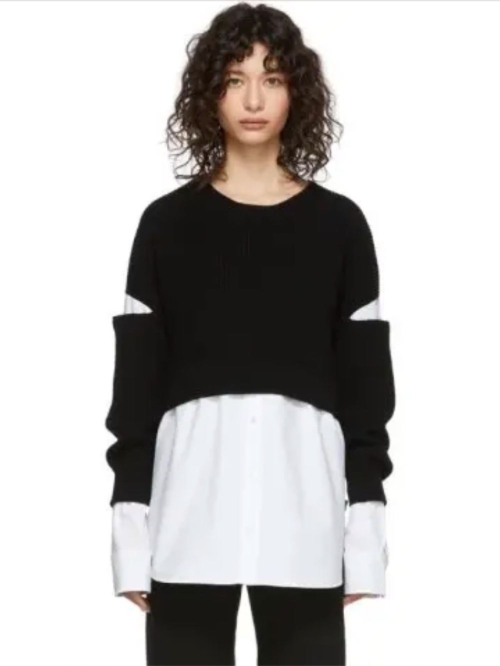 Alexander Wang Black Cropped Ribbed Sweater with White Shirt Hem
